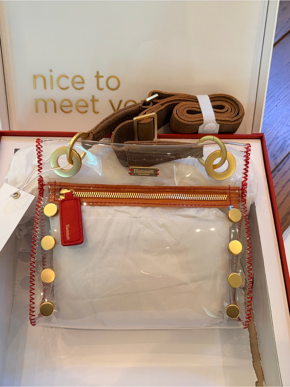 NWT HAMMITT TONY CLEAR SML BAG. COLOR CLEAR/RED/BROWN/BRUSHED GOLD HARDWARE - Picture 8 of 16